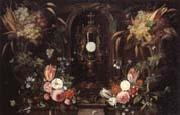 Jan Van Kessel Still life of various flowers and grapes encircling a reliqu ary containing the host,set within a stone niche china oil painting reproduction